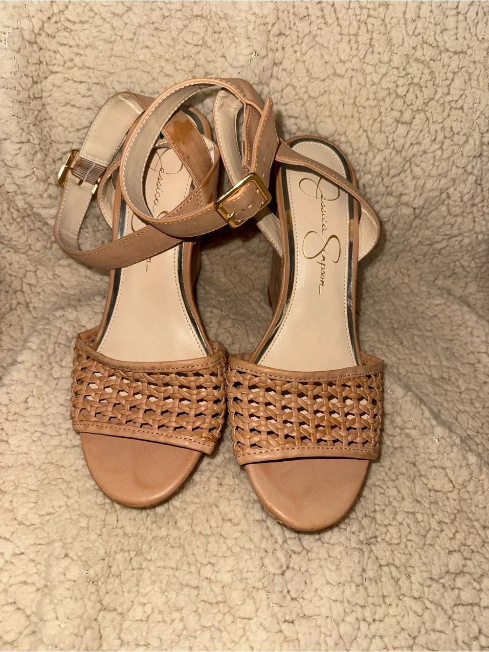 Jessica Simpson Women's Woven Ankle-Strap Cork Wedge Sandals - Tan